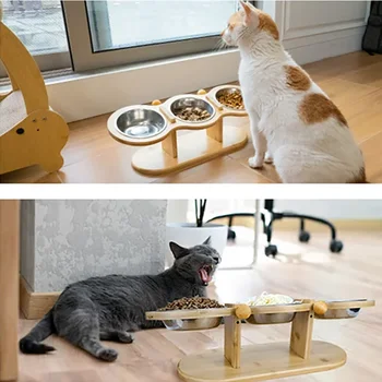 Anti Knock Pet Food Bowl with 3 Stainless Steel Bowls Wooden Pet Bowl Rack  Adjustable and Detachable Suitable for Cats and Dogs