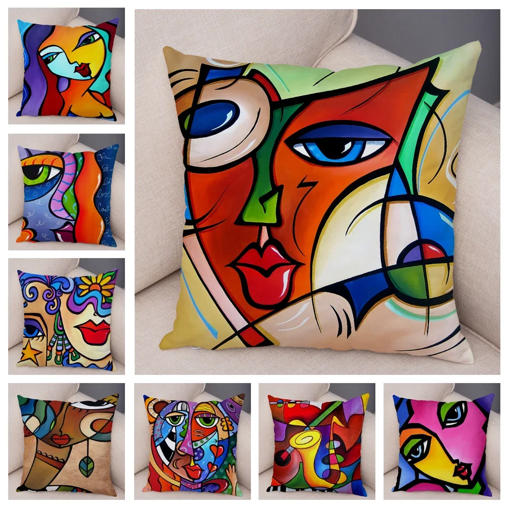 

Home Decor Abstract Painting Cushion Cover Nordic Style Colorful Cartoon Girl Print Pillowcase