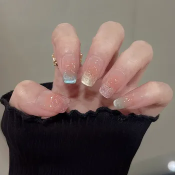 10PCS Colorful Cat Eye Handmade False Nail Glitter Rainbow Short Coffin Glossy Press on Sweet Nail Detachable Simple French Nail