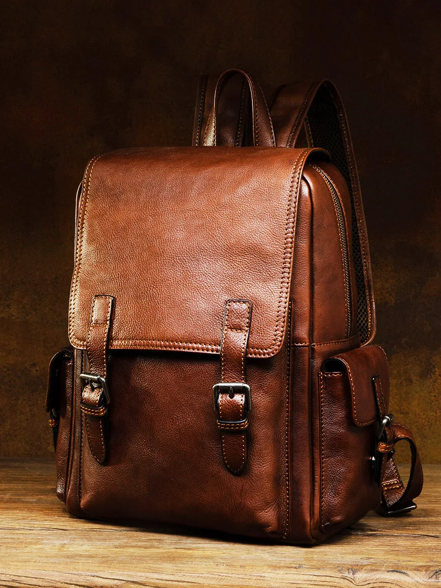 

High Quality Leather Backpack Men's Casual Vegetable Tanned Full-Grain Cowhide Student Schoolbag Bag Soft Travel