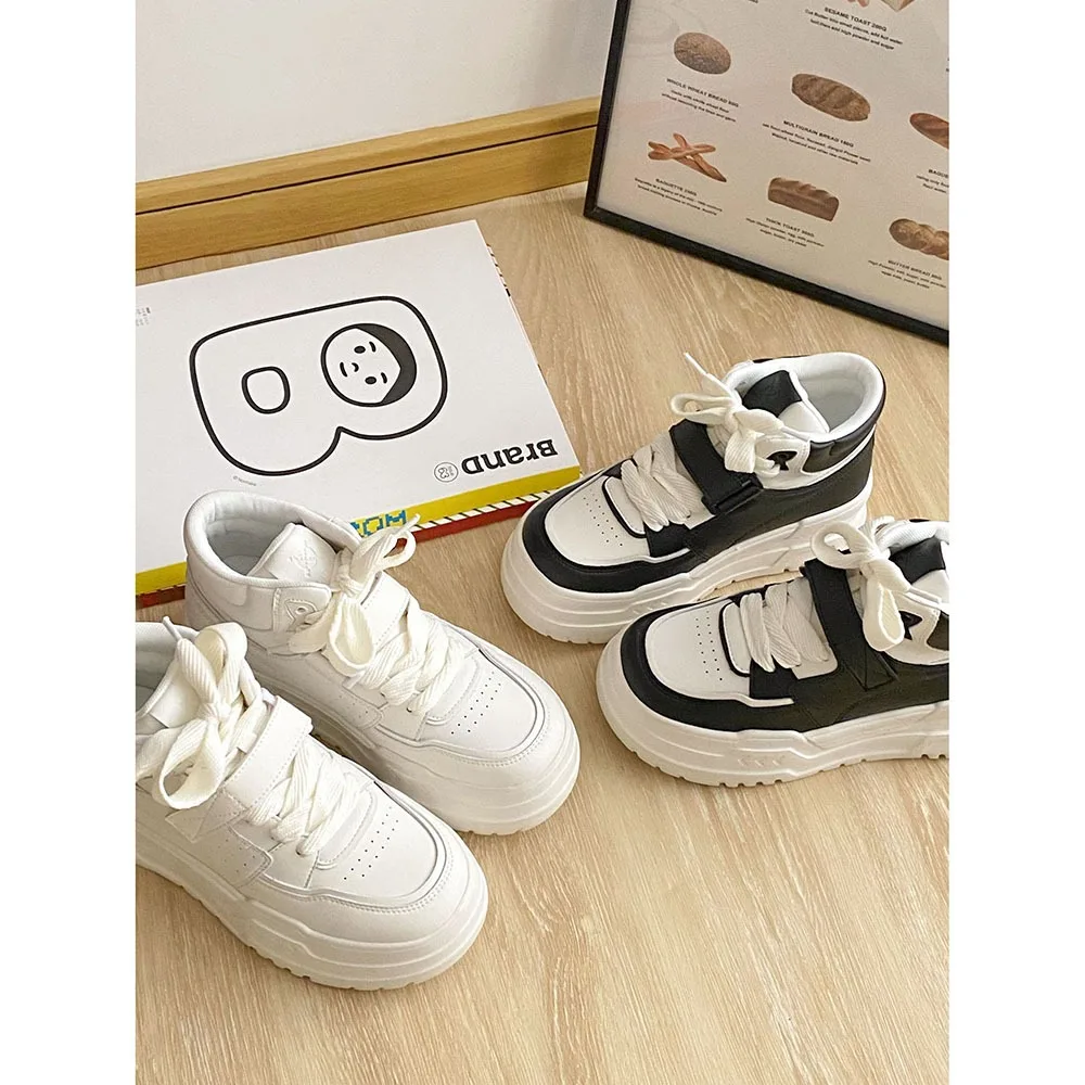 Leather High 6cm Thick Sole Women Casual Shoes Spring High Rise Thick Sole Sports Shoes Lace-up Mixed Colors Women Shoes 24-160