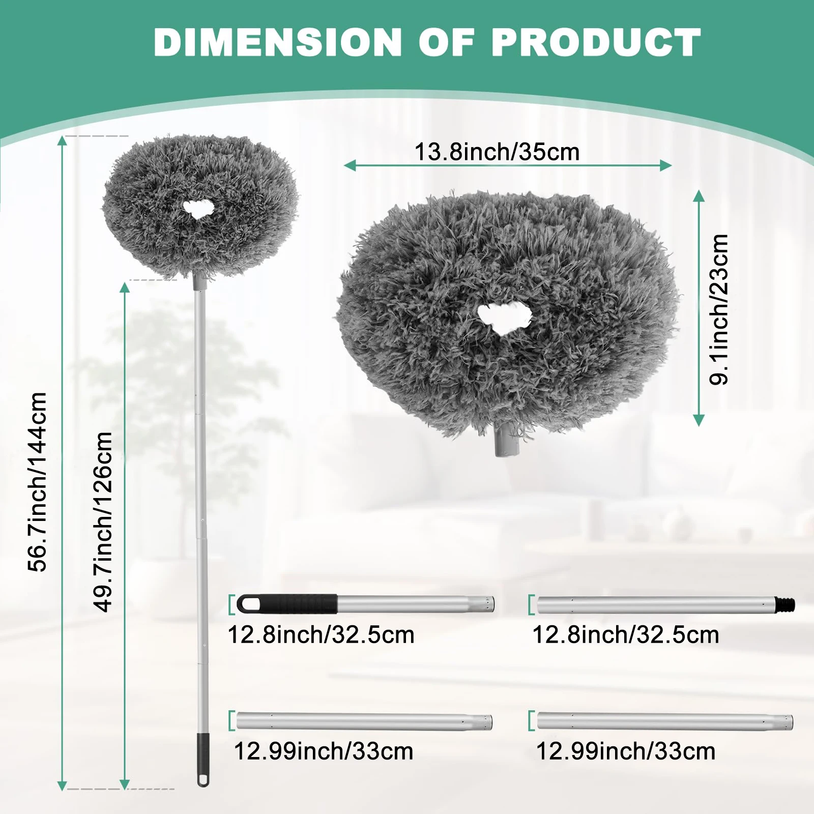 Ceiling Fan Cleaner Duster 1Set Reusable Microfiber with Extension Pole Adjusts 13 to 49.7 Inch