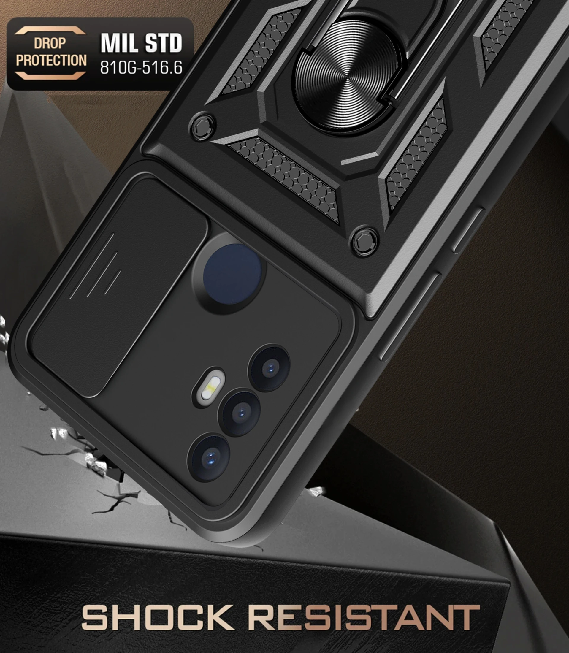 Armored Sliding Shockproof Phone Case with Camera Lens Protection and Metal Ring Holder Back Cover