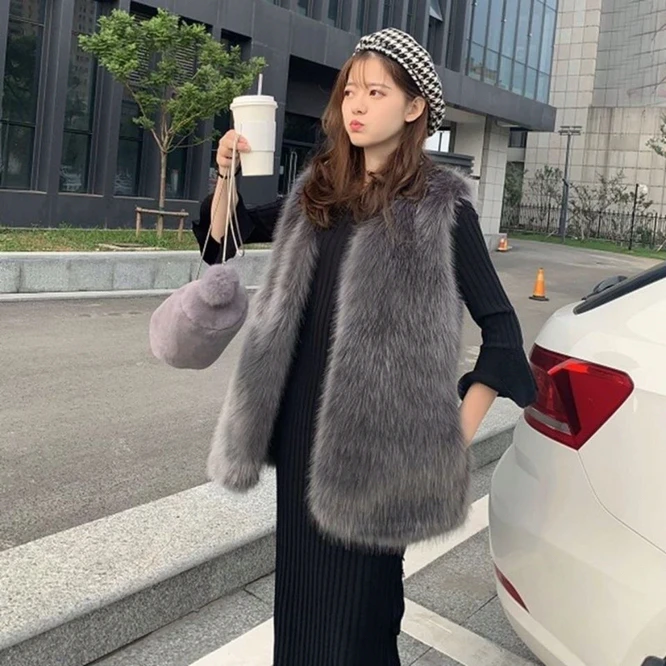 womens long black puffer coat Autumn and Winter 2021 New Imitation Fox Fur Grass Vest Women's Middle Long Coat Imitation Fur Fur Vest Shoulder White black puffer