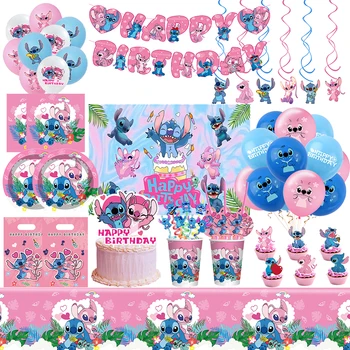Decoración de fiesta de cumpleaños de Lilo Stitch de Disney, juego de vajilla temática de Stitch para niños, globos de Ángel, suministros de pancarta feliz para recuerdo de niña