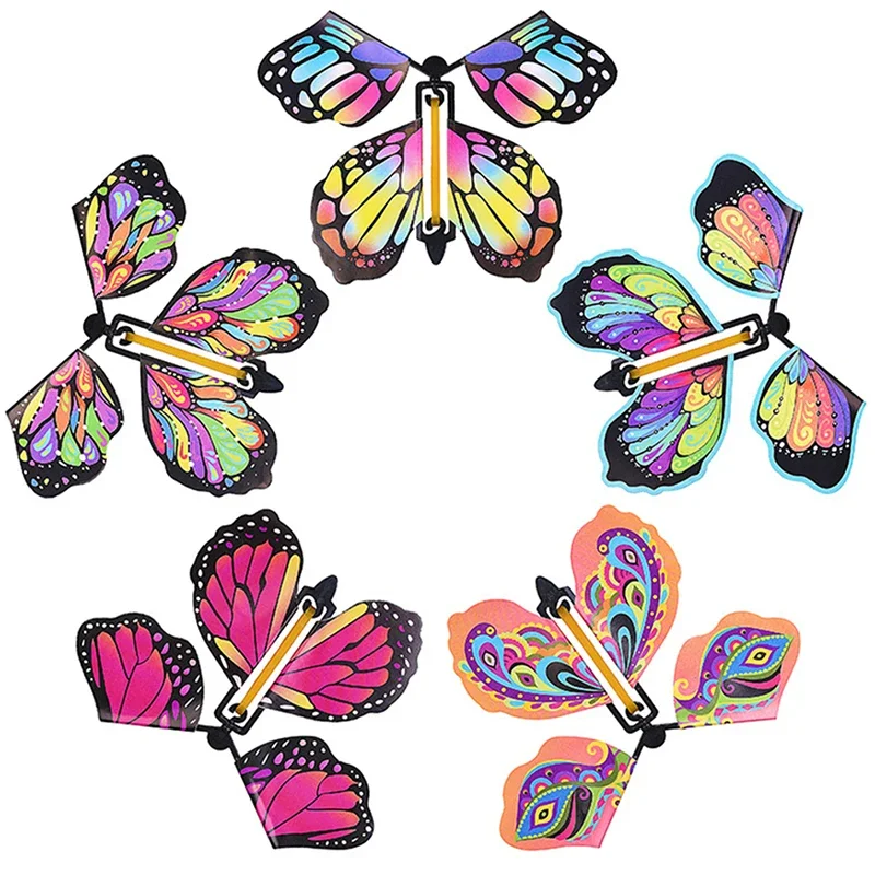Mariposa voladora de cuerda mágica para niños, juguete de hada mágica, tarjeta de felicitación, sorpresa, banda de goma, 5 piezas