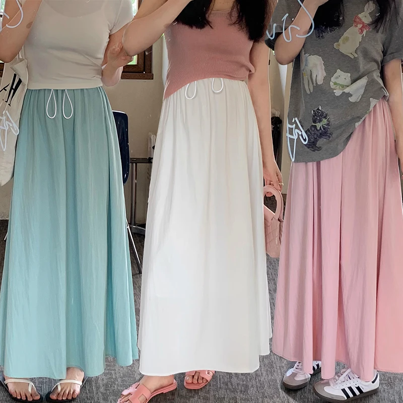 Summer Korean Style Maternity Cotton Long Skirts Solid Color Drawstring Waist Large Hem Plus Size Pregnant Woman Umbrella Skirt