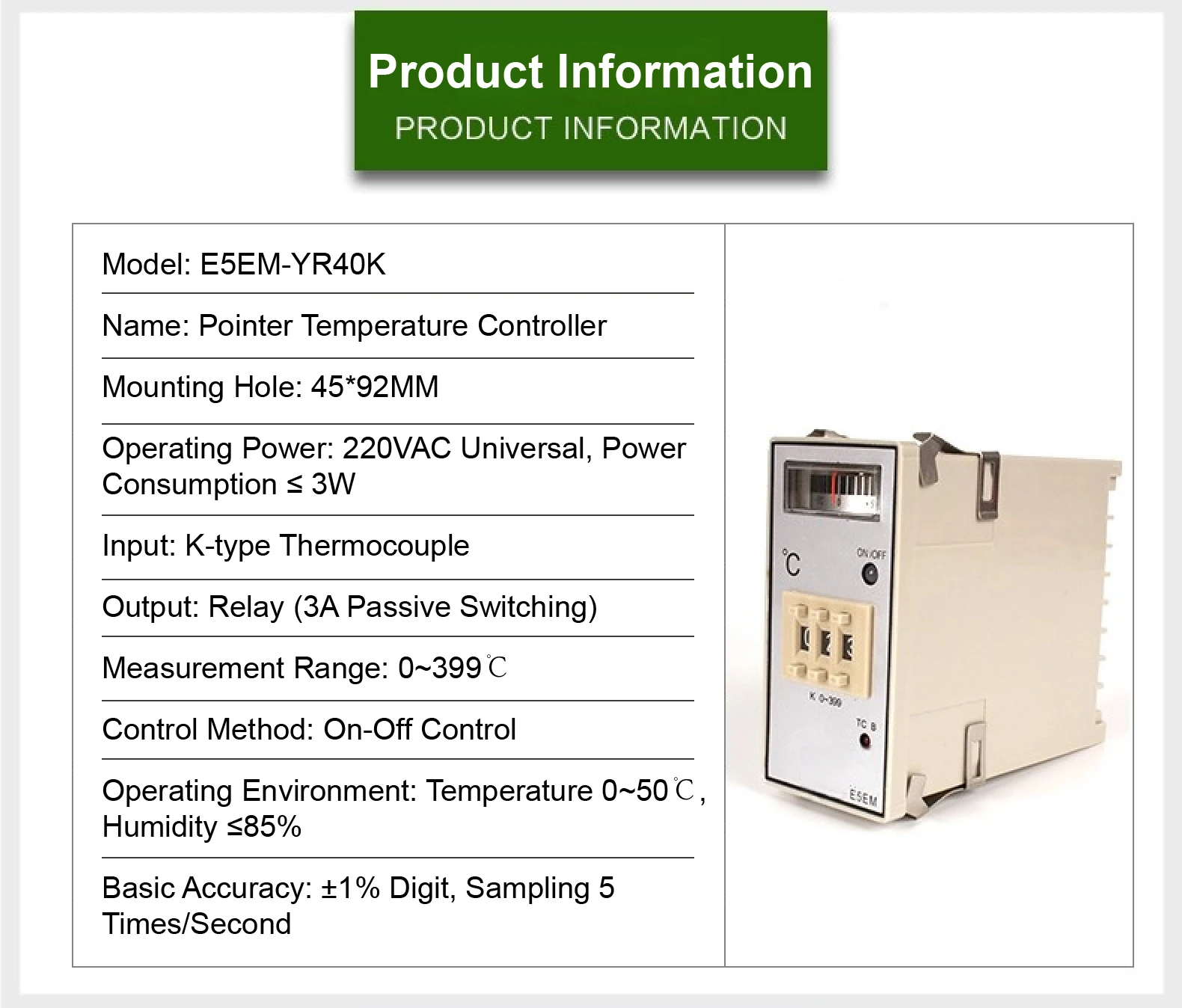 Pointer Temperature Controller E5EM-YR40K K-Type Thermocouple 0‑399°C Analog Rot