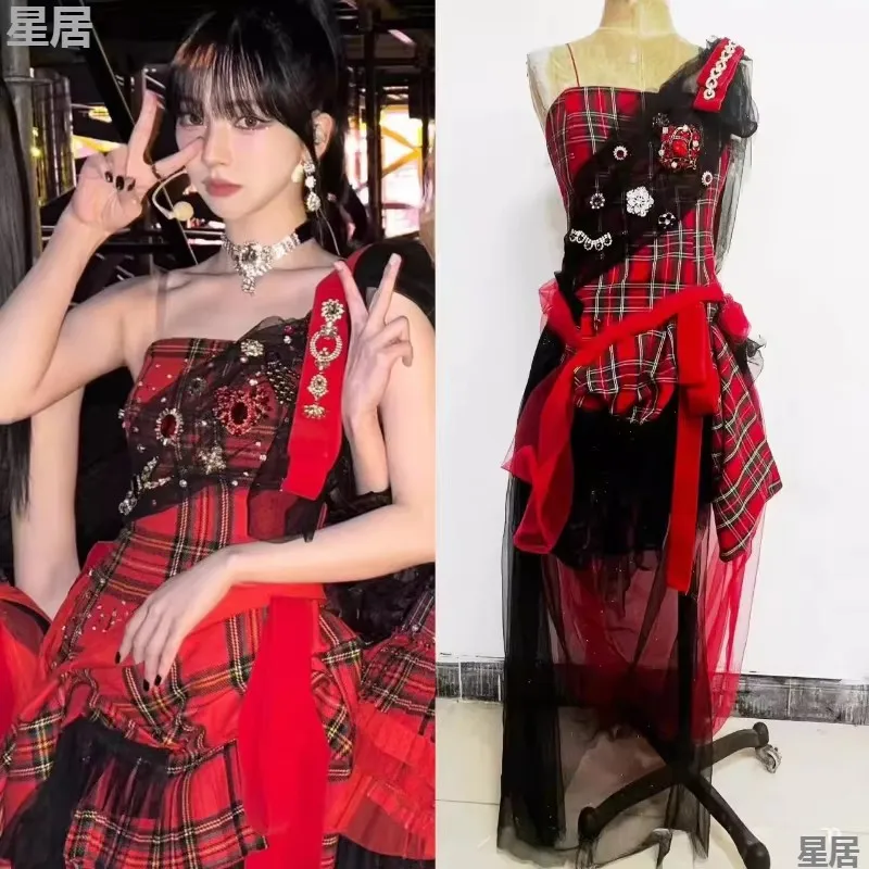 2025 Summer Korean Singer Party Dance Clothing Hip Hop Red Mesh