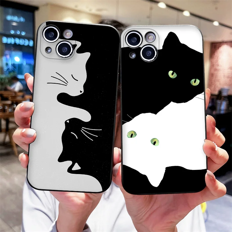 Lustige Cartoon-Schwarz-Weiß-Katze-Handyhülle für iPhone 17, 16, 15, 11, 12, 14, 13 Pro Max, Mini X XS XR 7 Plus SE4 16E, weiche Silikonhülle