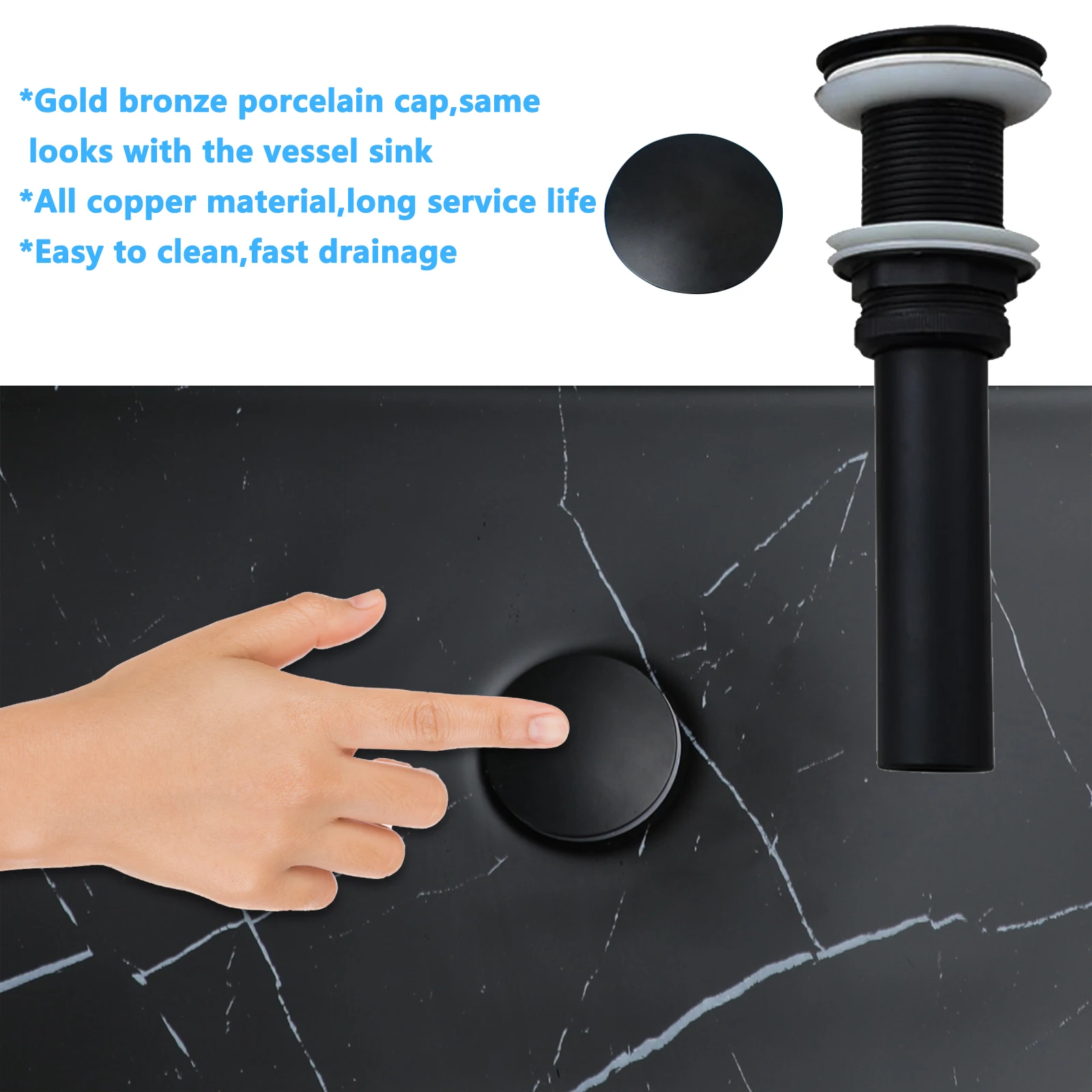 KEMAIDI Black Vanity Sink Rectangle Marble Bathroom Vessel Sink Above Counter Sinks for Bathrooms Porcelain Lavatory Faucet Set 5
