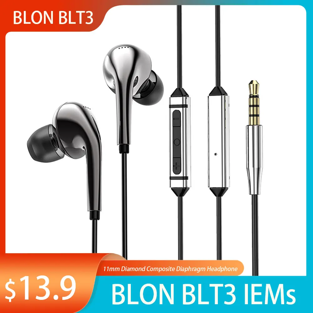 

BLON BLT3 BL-T3 Wired Best In Ear HIFI IEM Earphone 11mm Diamond Composite Diaphragm Noise Cancelling Monitor Headphone with Mic