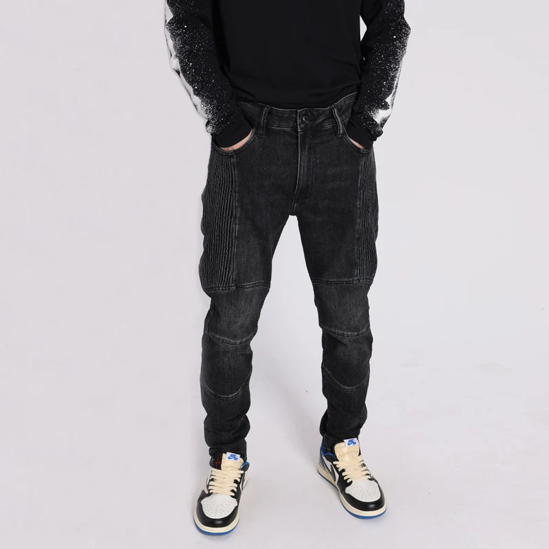 Street Fashion Men Jeans Retro Black Gray Elastic Slim Fit Spliced Biker Jeans Men Wrinkle Patched Designer Hip Hip Pants Hombre