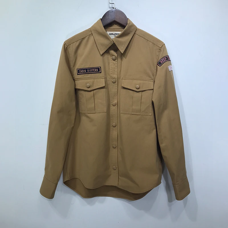 Zadig 여성용 데님 재킷, 레터 자수 카키 셔츠 코트, 긴 소매 턴다운 칼라, 밀리터리 코트 상의, 여성 코튼 패션