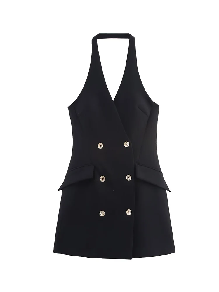 TFMLN Women's Suit Mini Dresses New Summer 2025 Halterneck Design Double-breasted Backless Dress Sexy Slim V-Neck Fashion