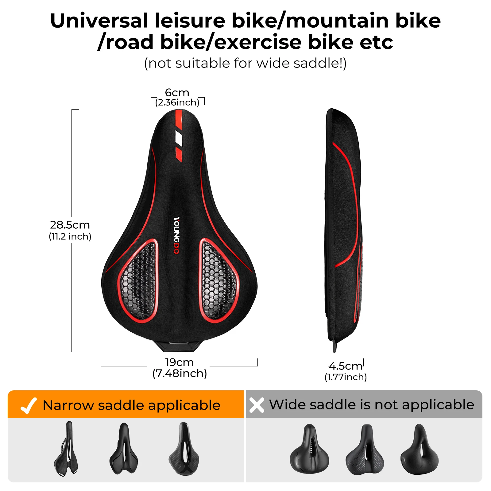YOUNGDO 자전거 시트 쿠션 커버, 편안한 통기성 사이클링 젤 패드, MTB 산악 로드 바이크, 야외 자전거 새들 쿠션