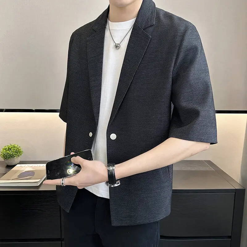 Summer Men's Half Sleeve Blazer Jackets Korean Style Casual Thin Suit Coat Solid Outerwear Handsome Blazers for Man