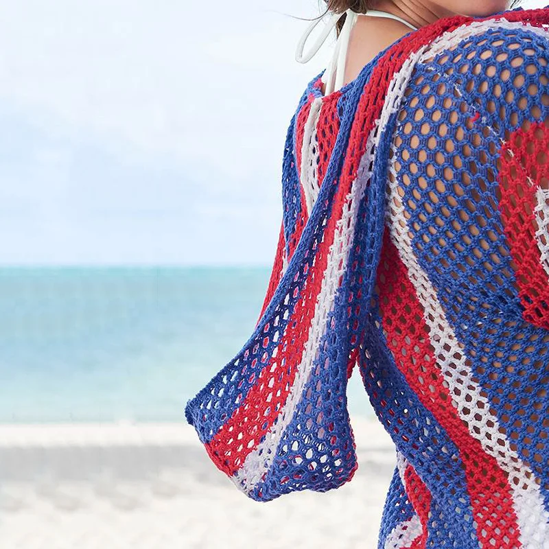 Bikini Cover Ups Women Crochet Beach Dress 2023 Colours Block Striped Swimwear Cape Summer Hooded Pullover Top with Front Pocket