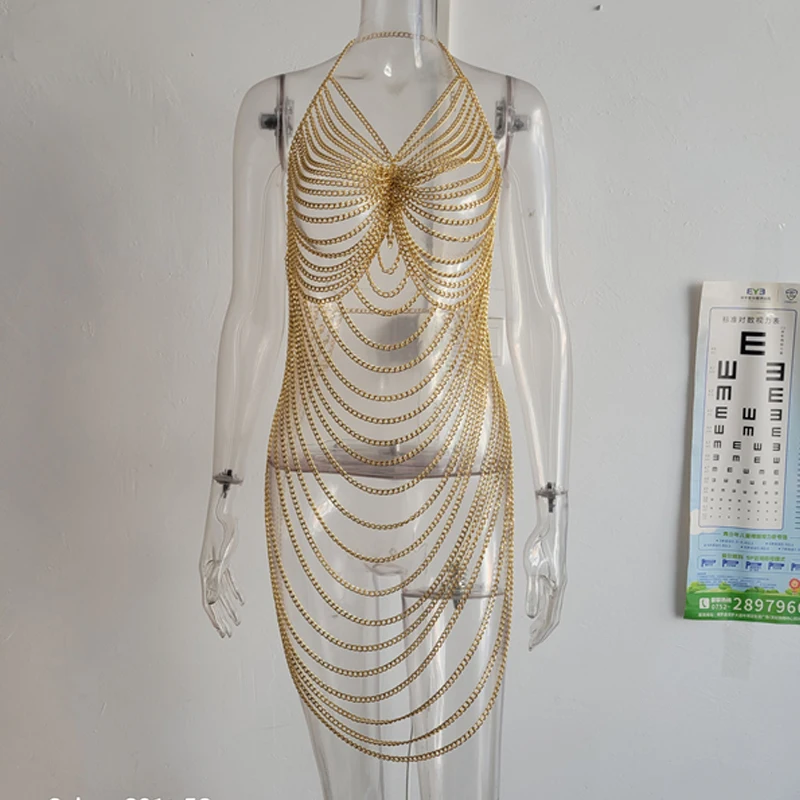 Damen Neckholder Silber Pailletten Partykleid Glänzendes Nachtclubkleid mit funkelnder Metallkette Sexy Luxuskleidung