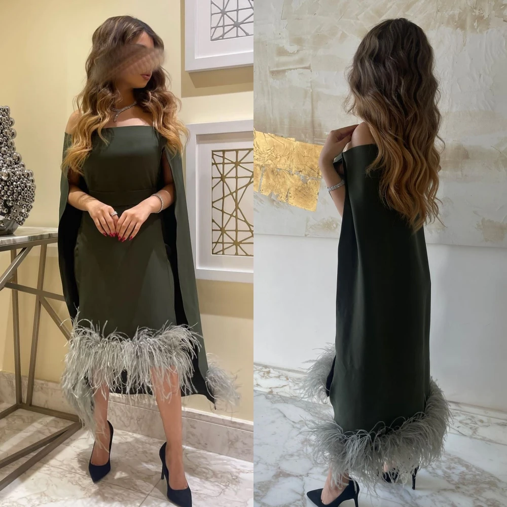 Prom Dress Saudi Arabia Satin Feather Pleat Cocktail Party A-line Off-the-shoulder Bespoke Occasion Gown Knee Length Dresses