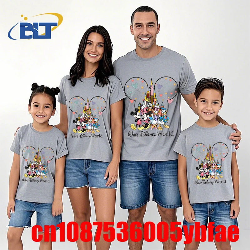 Disney World Mickey And Friends Print T-shirt Dad and mom kids Cotton Short Sleeve Family Matching Outfits Casual Top 3
