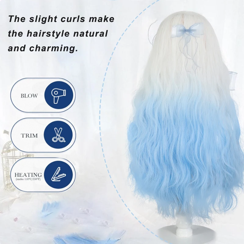 LUPU Lolita Wig Cosplay Wig With Curly Hair, White+Blue Gradient Sweet Harajuku Kawaii Women's Wig