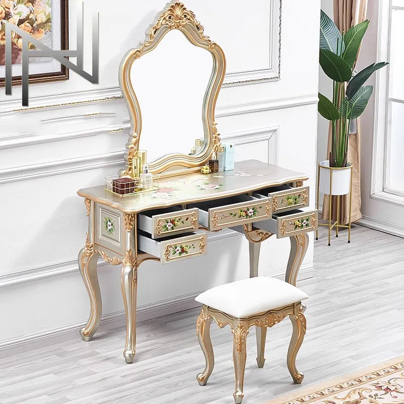 

Cheap Luxury Dressing Table European Bedroom Mirror Chair Dressing Table Wood Women Tocadores De Maquillaje Salon Furniture