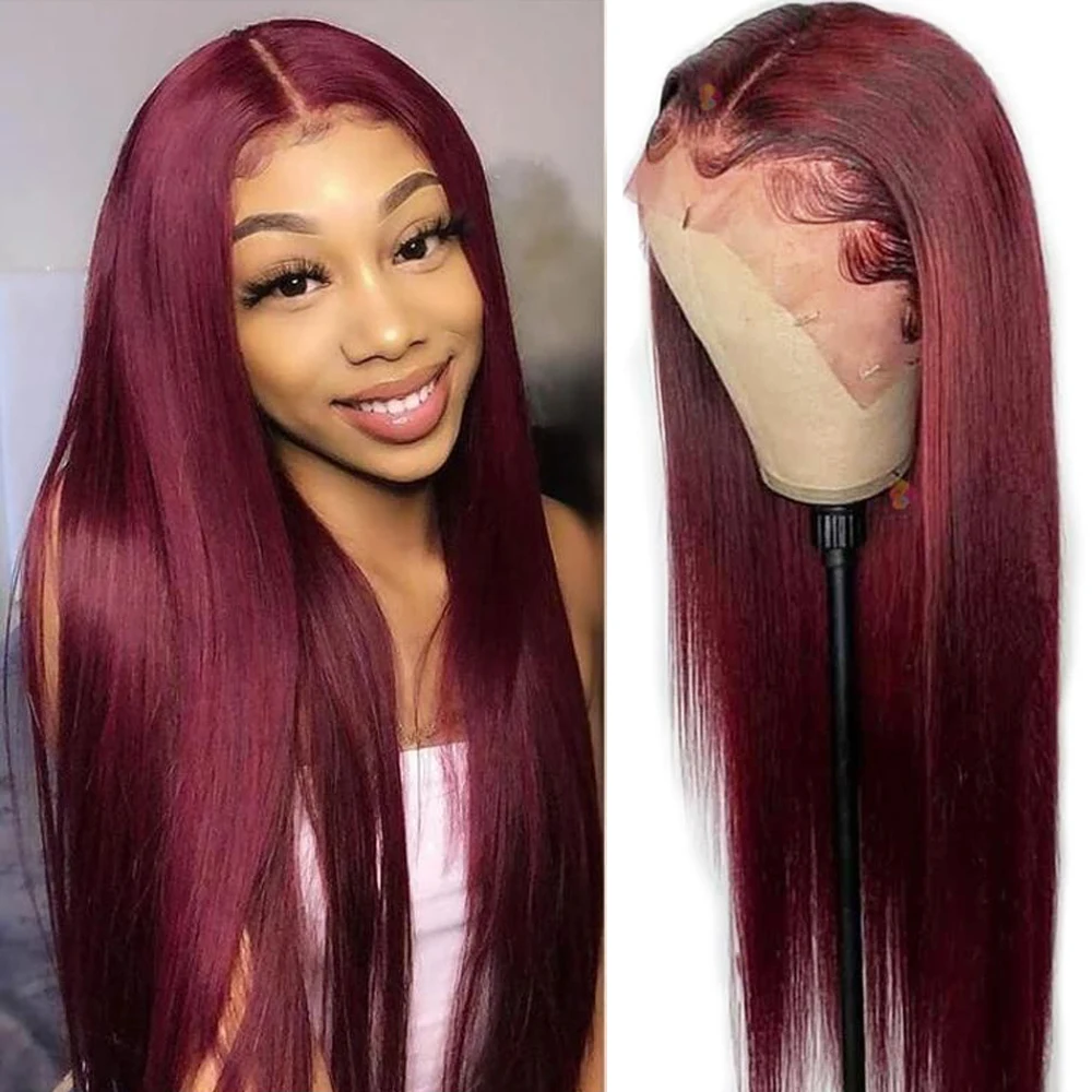 99J Burgundy Straight Lace Front Wig for Women 13x4 Lace Frontal Human Hair Wig PrePlucked Malaysian Straight HD Lace Wigs