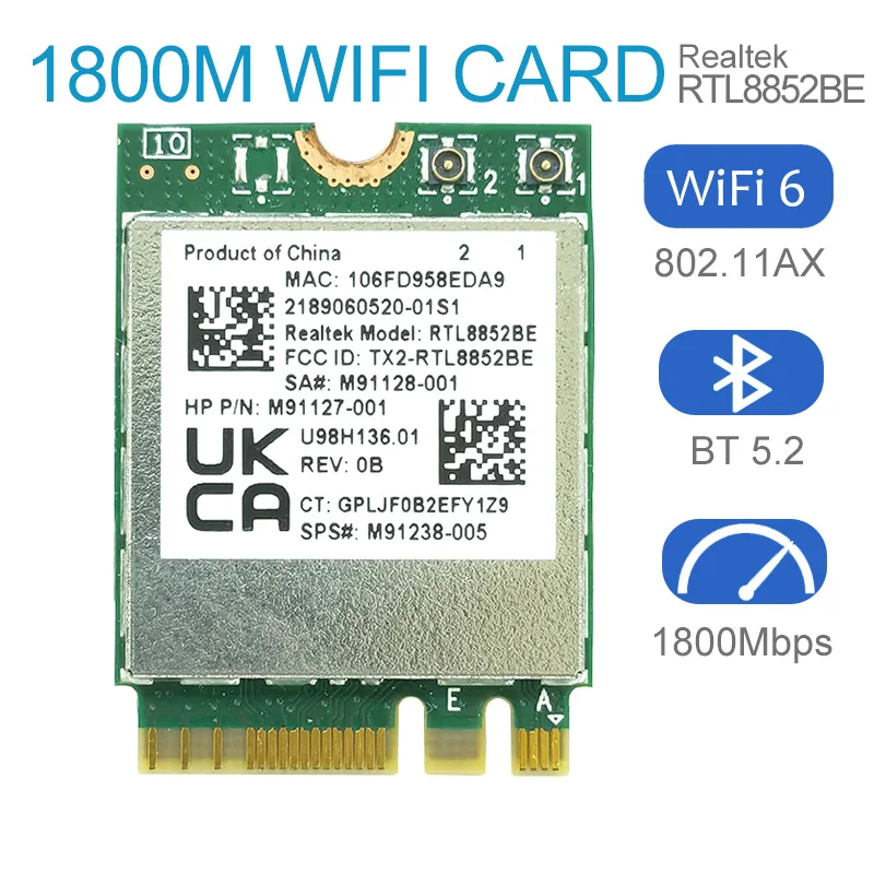 Wifi 6 Realtek RTL8852BE Network Card 1800Mbps BT 5.0 Dual