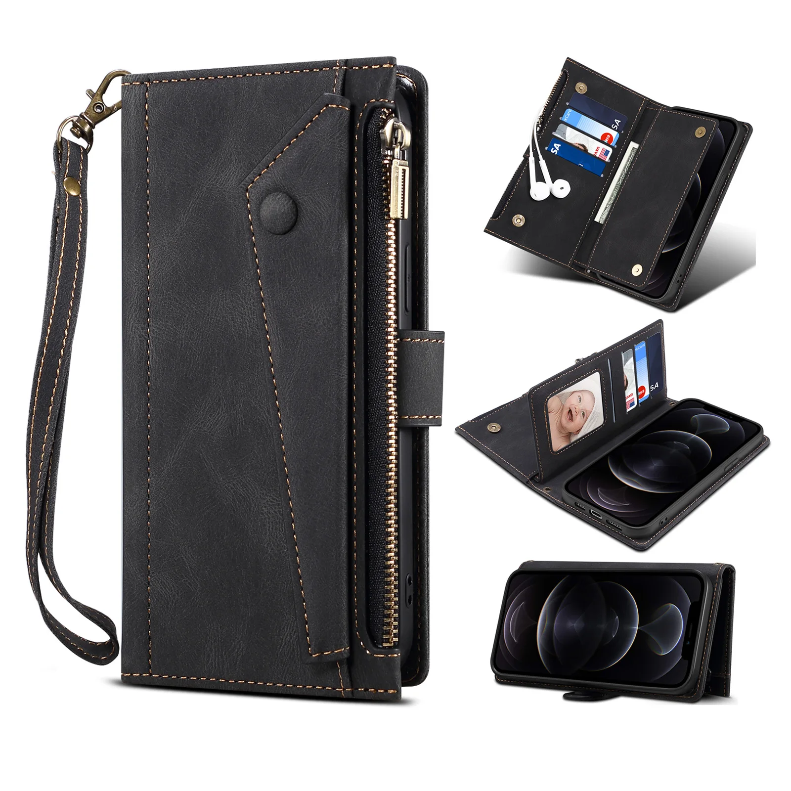 Luxury Leather Crossbody Zipper Wallet Case with Lanyard and Multi Card Slots