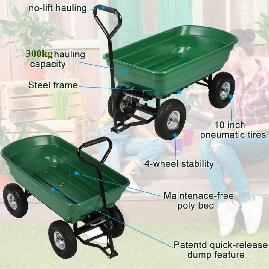 200kg Capacity Garden Cart Heavy Duty Utility Lawn Yard Dump Cart Wagon Carrier with Sturdy Steel Frame Wheelbarrow Garden