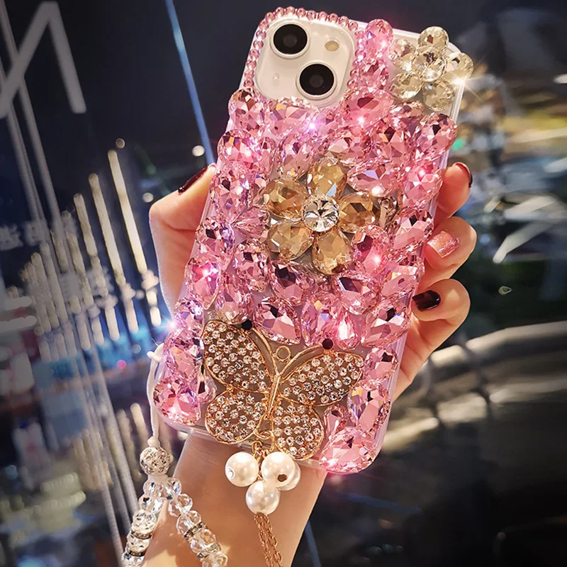 

Bling Diamond Jewelry Phone Cases, Pink and Silver, Chain Bracelet for Samsung A50, A70S, A22, A52, A71, A51, A72, A73, A53, A33