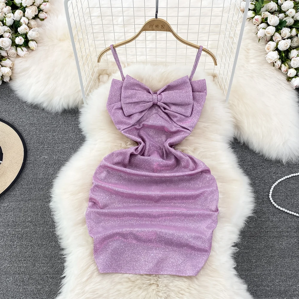 

Sexy Temperament Bow One Shoulder Suspender Dress Slim and Shiny Sleeveless Short Hip Wrap Dress 2022 Summer New