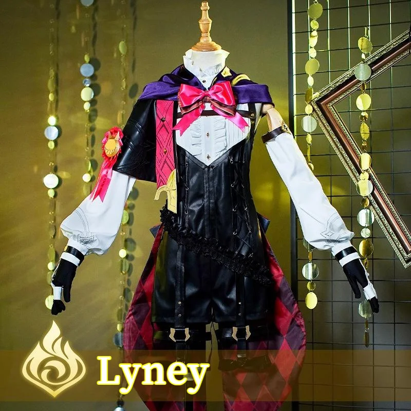 

Genshin Impact Lyney Cosplay Costume Wig Fontaine Lyney Leather Uniform Hat Dress Short Hair Skirt Glove Outfit Tail Magician