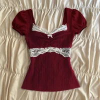 Hauts Y2K Grunge à manches courtes pour femmes, chemise estivale en dentelle patchwork, style coquette, tricot côtelé, coupe ajustée, vêtements esthétiques 2