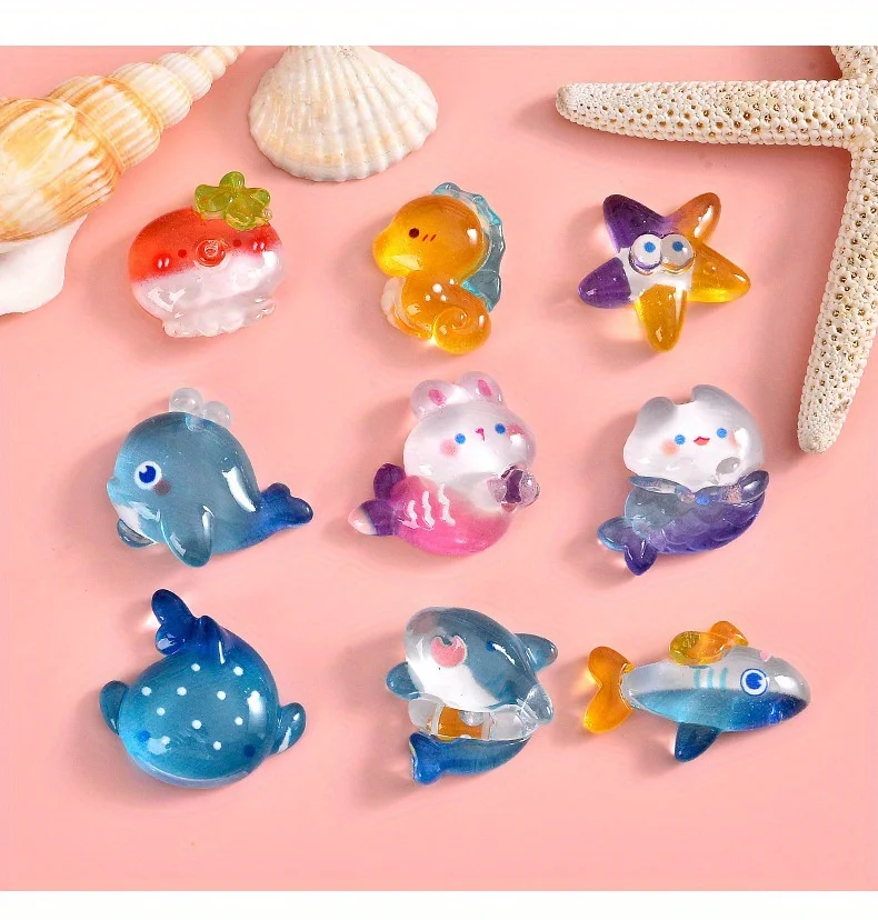 10Pcs 플랫 바닥 바다 돌고래 상어 장식 보석 수지 액세서리 전화 케이스 DIY 마이크로 풍경 작은 장식품