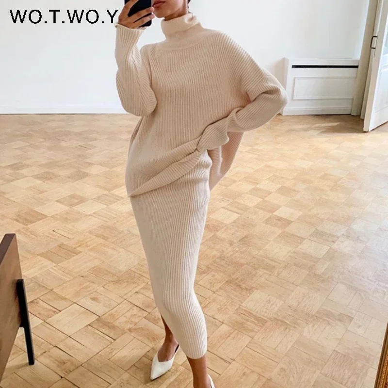 

Женский комплект из Свитера и юбки Wo. T. W o.y, однотонный Свободный пуловер с высоким воротом и длинным рукавом, вязаные топы, Осень-зима
