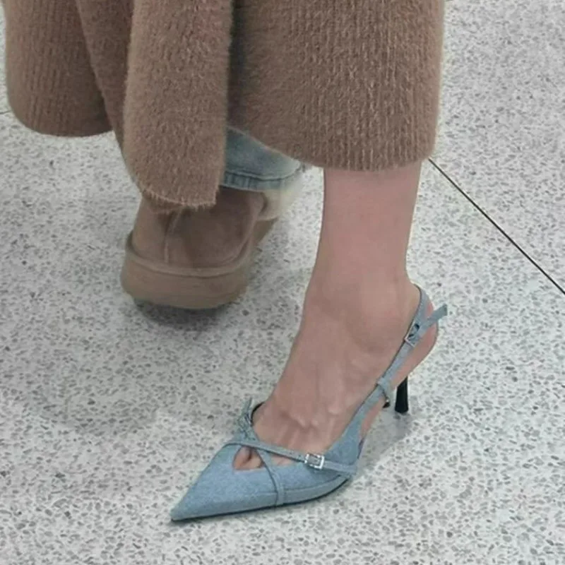 2025 New Women's Jeans Heeled Sandals Pointed High Heel Office Lady Shoes Beautiful Women high heels  Shoes  sandalias mujer 2