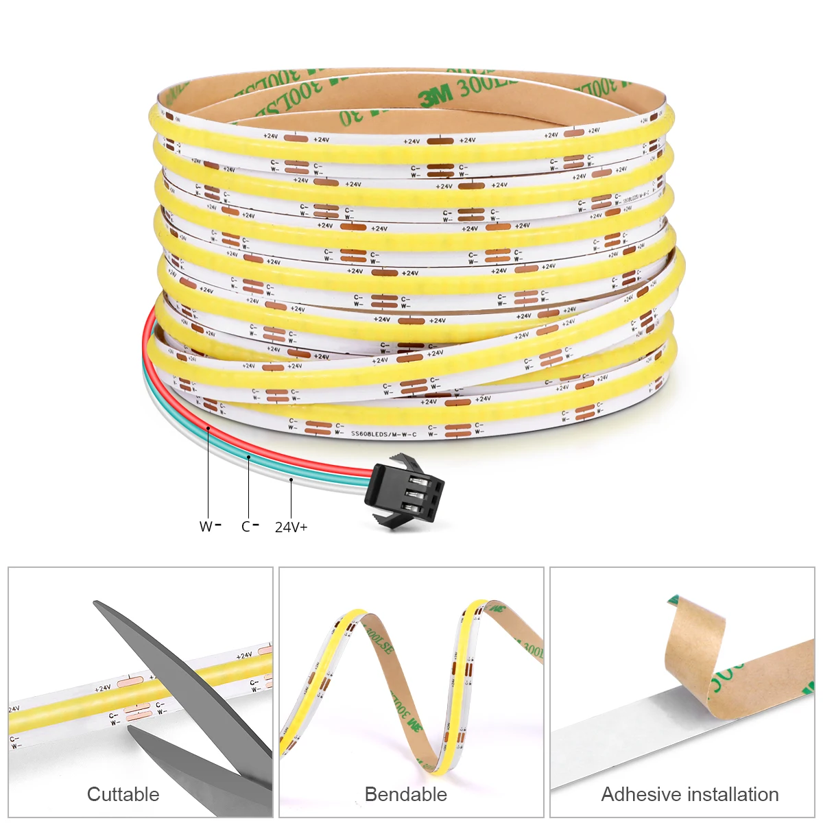 조광 미러 터치 센서 스위치, CCT COB LED 스트립 라이트, 테이블 미러 백라이트 테이프 램프에 변경 가능, 24V, 2700K 6500K