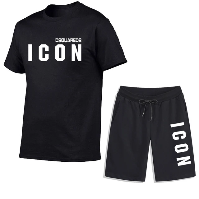 Summer Mens T-shirt + Shorts Suits Casual T Shirts Sport Set Simple Letter Printed Short Sleeve Top Cotton Tracksuits Streetwear Black