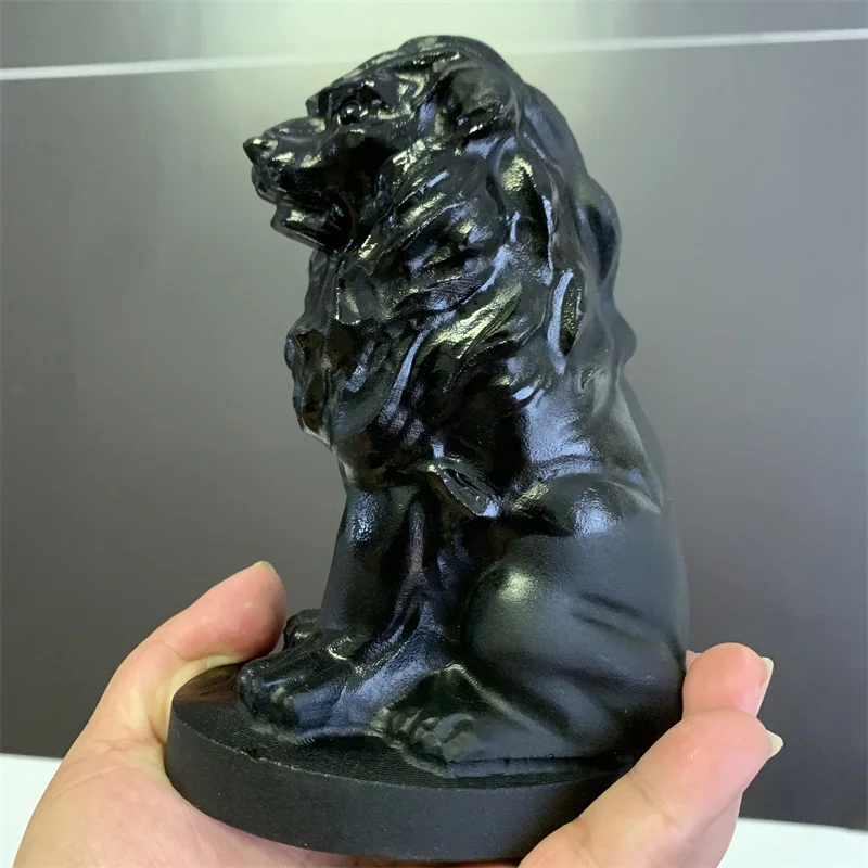 

Natural Stone Black Obsidian Handmade Carved Lion Animal Powerful Statue For Home Decoration Gift 1pcs