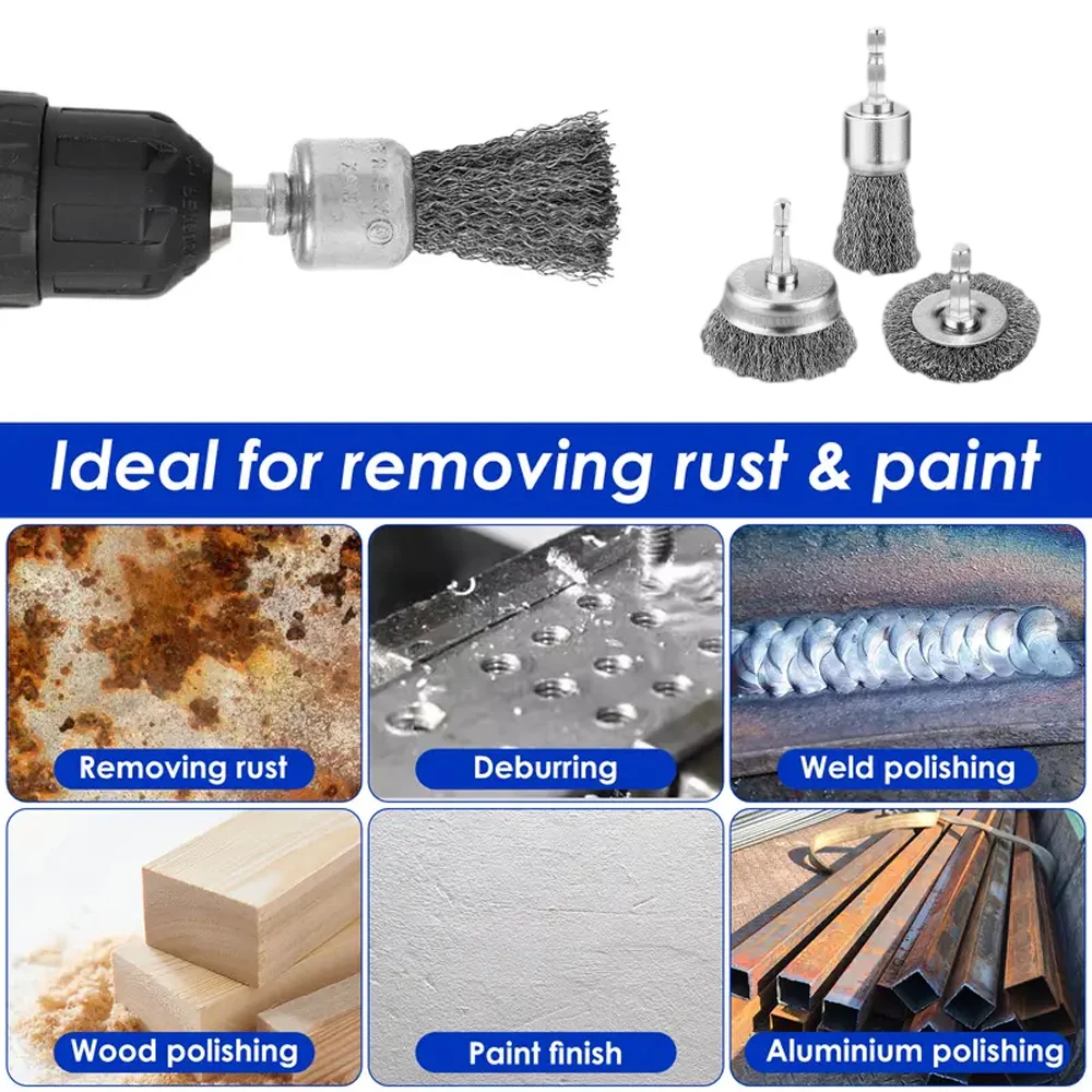 Wire Brush Cleaning Brush Polishing Wheel Wire Brush Set Wire Cleaning Brush Drill Brush Electric Wire Brush Power Scrubber Drill Brush Disc Brush Steel Wire Brush Disc Polishing Wheel Brush Carbon Steel Drill Bit Wire for Cleaning Rusty Hexagonal Rod Pen
