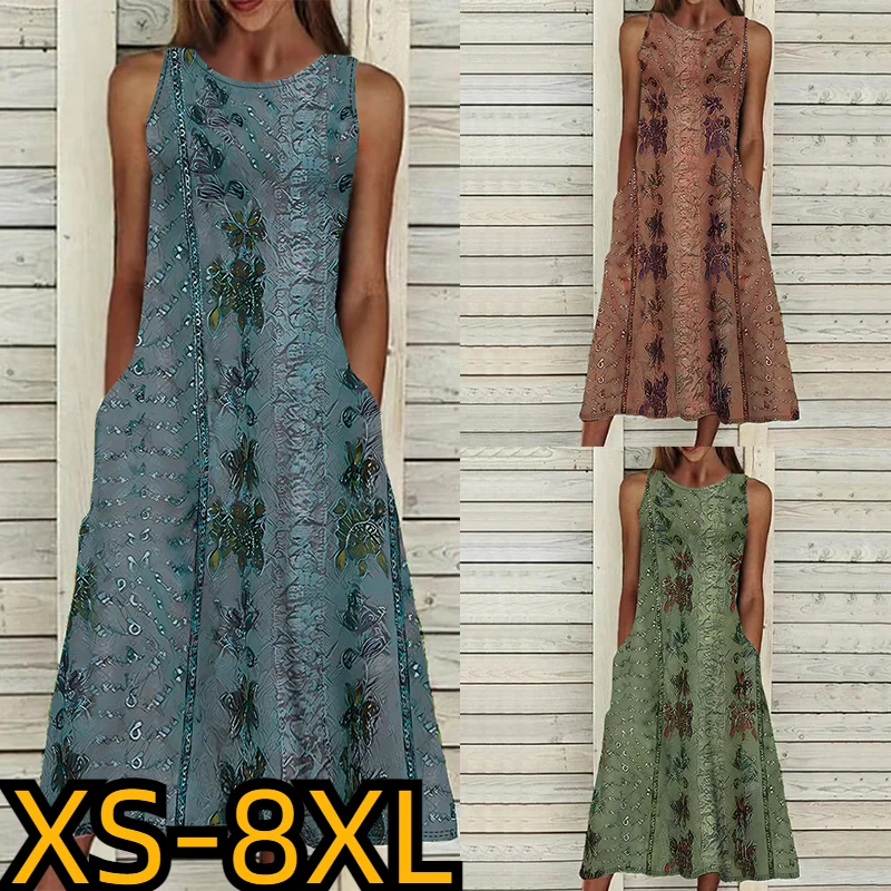 

Boho Maxi Dress Pocket Loose Tank Dress Long Dresses for Women Casual Round Neck Summer Vintage Sleeveless Plus Size XS-8XL
