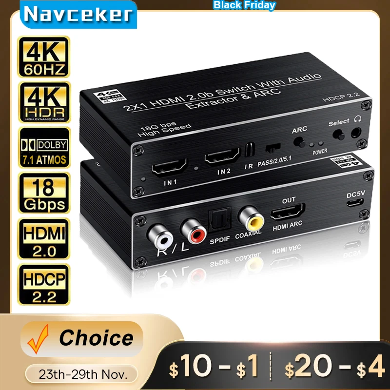 Navceker 2X1 Hdmi 2.0 Switch 4K 60Hz Hdmi Switch Supporto 3D,Arc & Optical Toslink Hdr Switcher Switch Hdmi 2.0 Per Ps3 Ps4 Pro