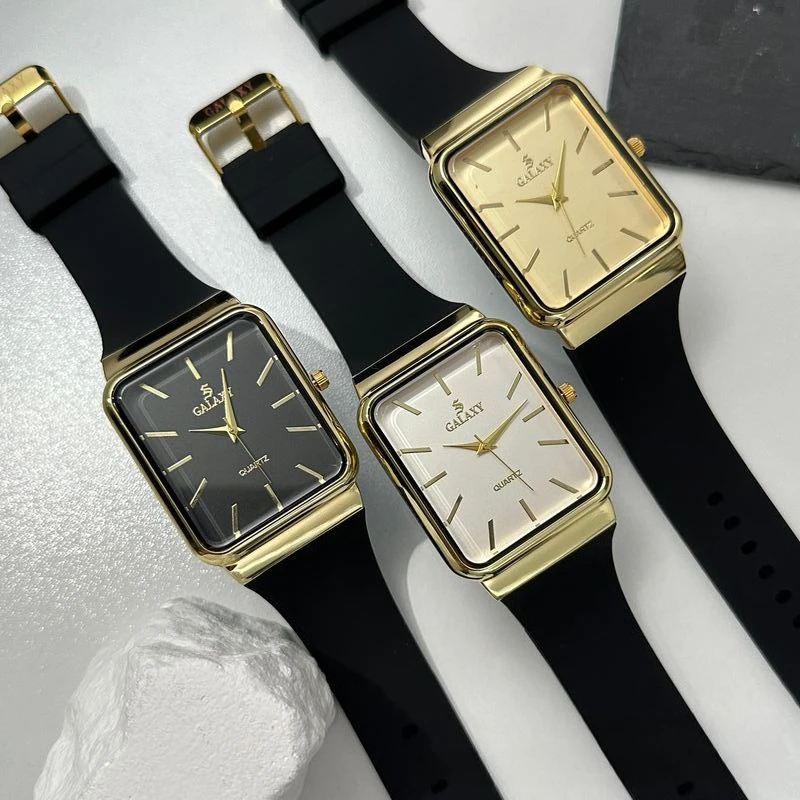 Men's Watch Fashion Gold Simple Square Silicone Band