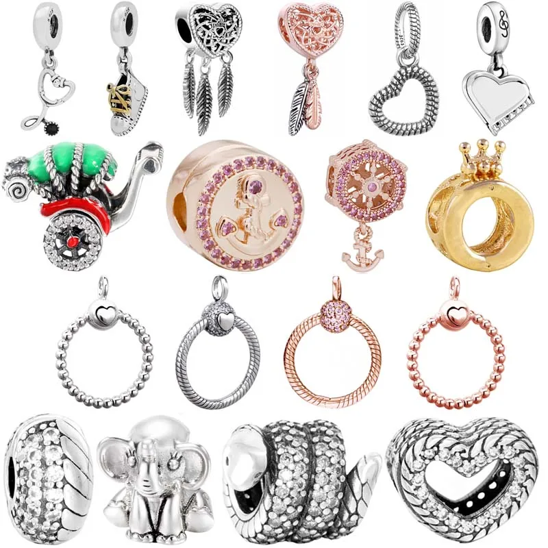 

925 Sterling Silver Snake Chain Pattern Open Heart Feathers Dreamcatcher Helm Anchor Charm Bead Fit Original Bracelet Jewelry