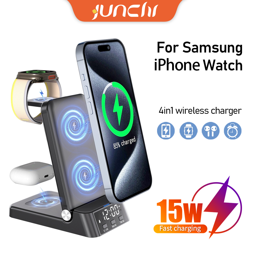 4in1 Magsafe Charger with Clock Samsung iphone Watch Charger Magnetic Charger Stand for iphone 16 Pro Max Fast Charging Station
