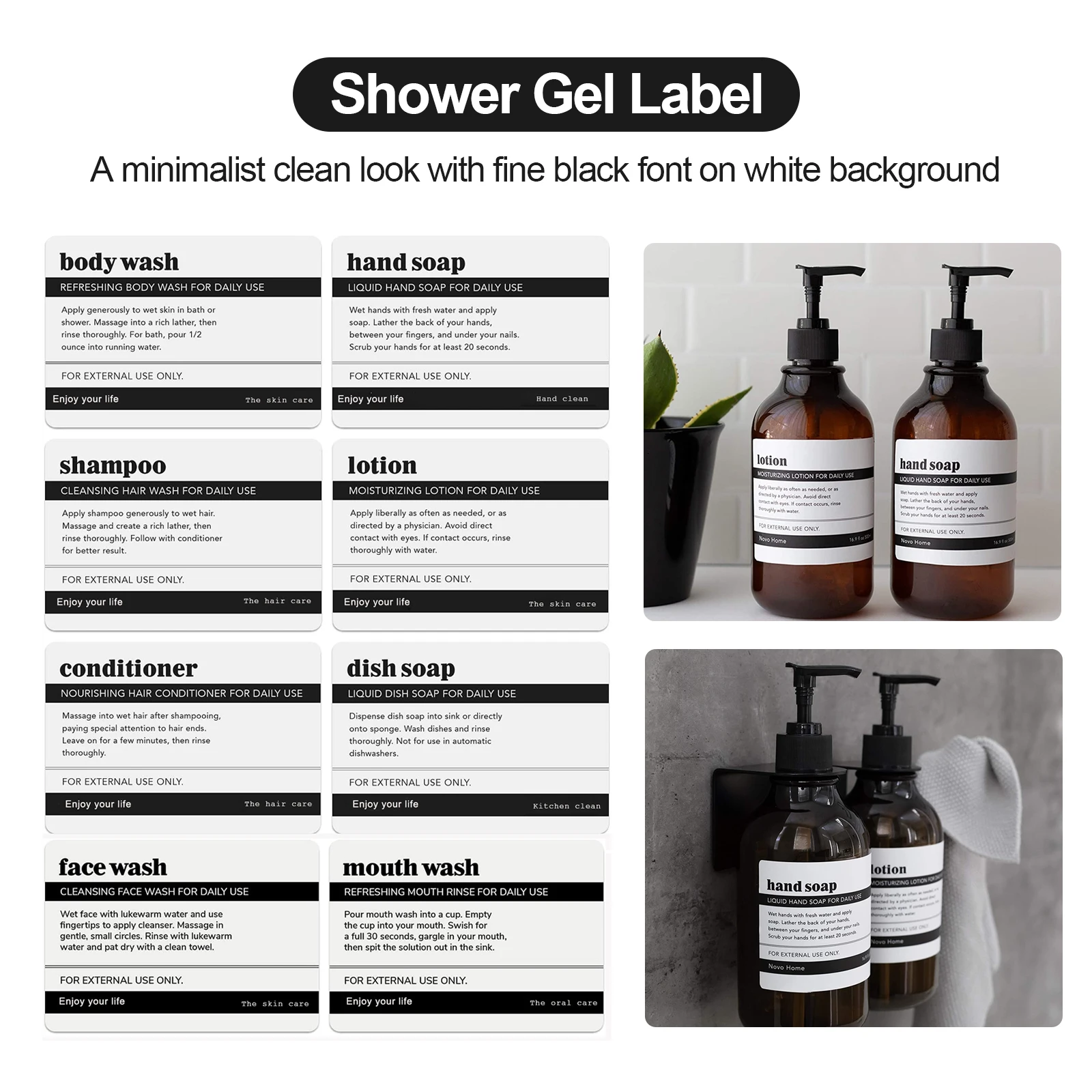 Bathroom Labels Set 8PCS Waterproof Refillable Bottles Stickers For Dish Soap Body Wash Conditioner Shampoo Display
