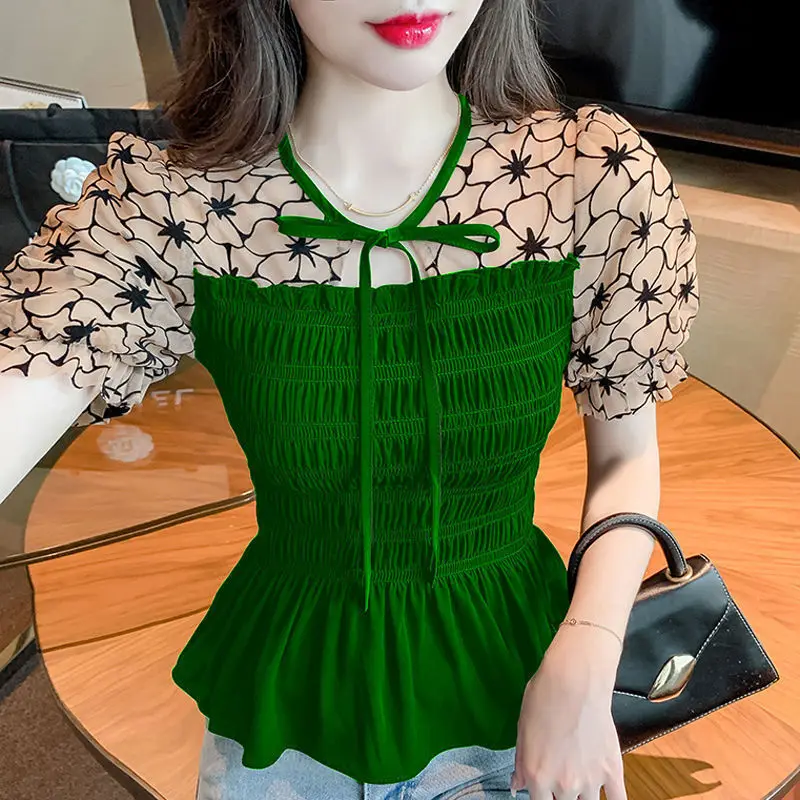 2025 Floral Chiffon Shirt New Spring Summer Women Collect Waist Hollow Out Tops Vintage Blouse Women Longsleeve Short Shirt 3XL