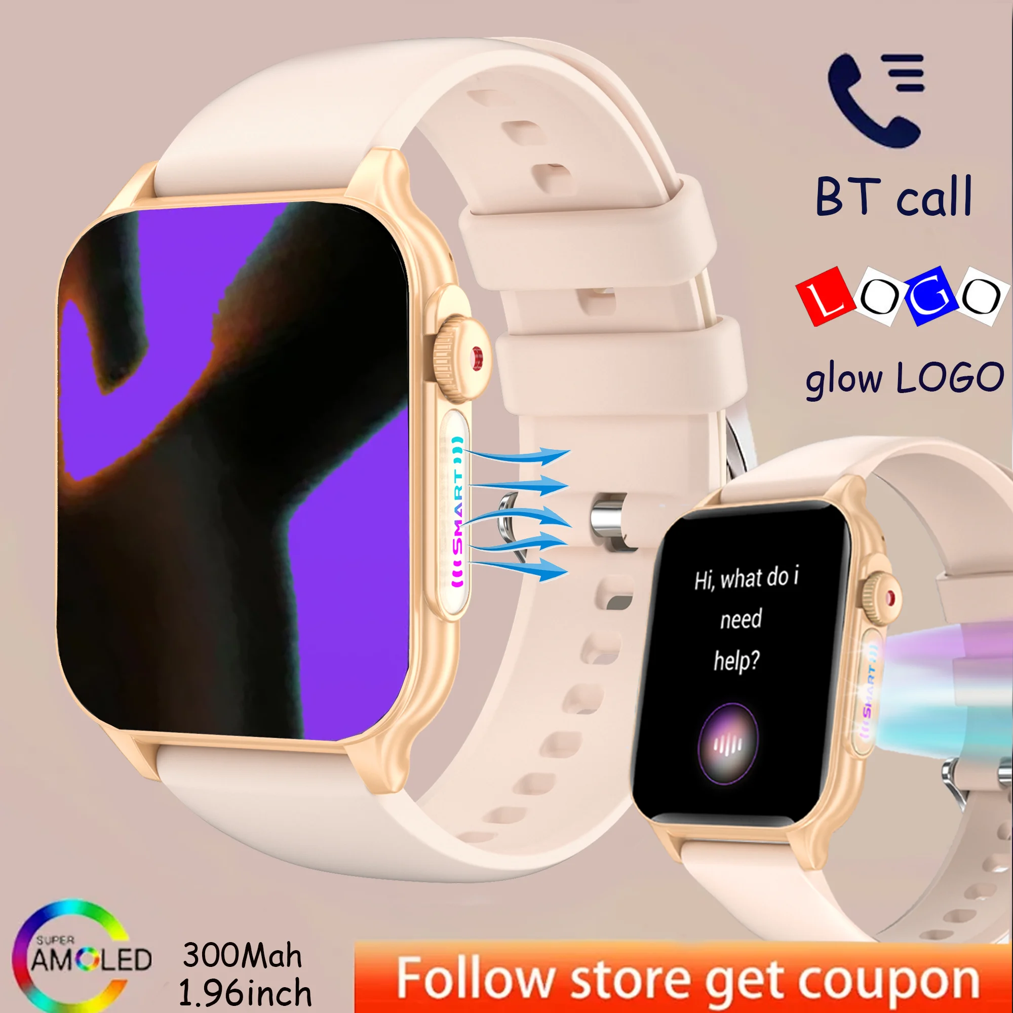 Impermeável Bluetooth Chamada Smartwatch, Relógio LOGOTIPO Luminoso Feminino, Sports Fitness Tracker, Frequência Cardíaca, Android, iOS